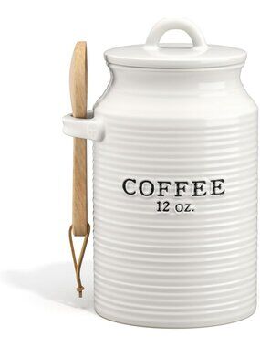 Rustic Farmhouse Coffee Canister - Decorative Ceramic Kitchen Storage Jar, White